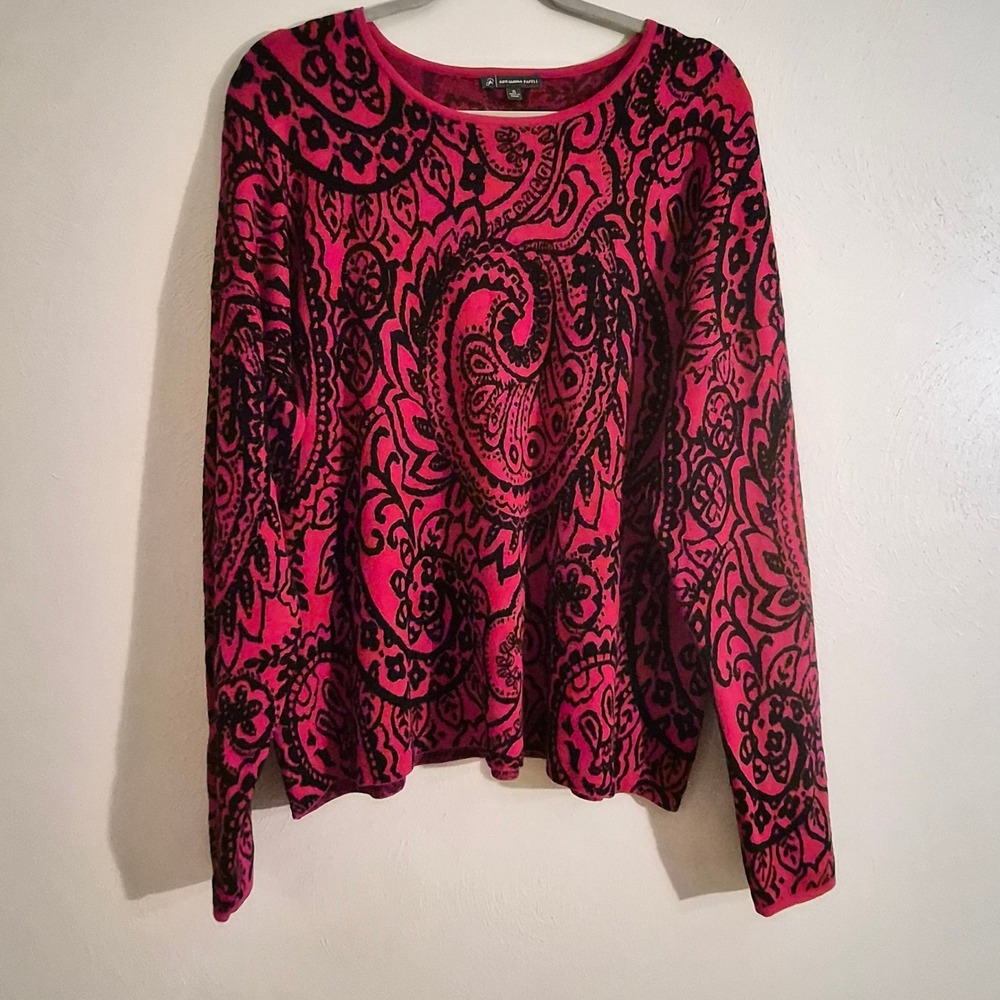 Adrianna Papell Red Black Paisley Knit Sweater XL Crew Neck Dopamine Dressing